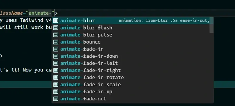 IntelliSense showing animation class suggestions