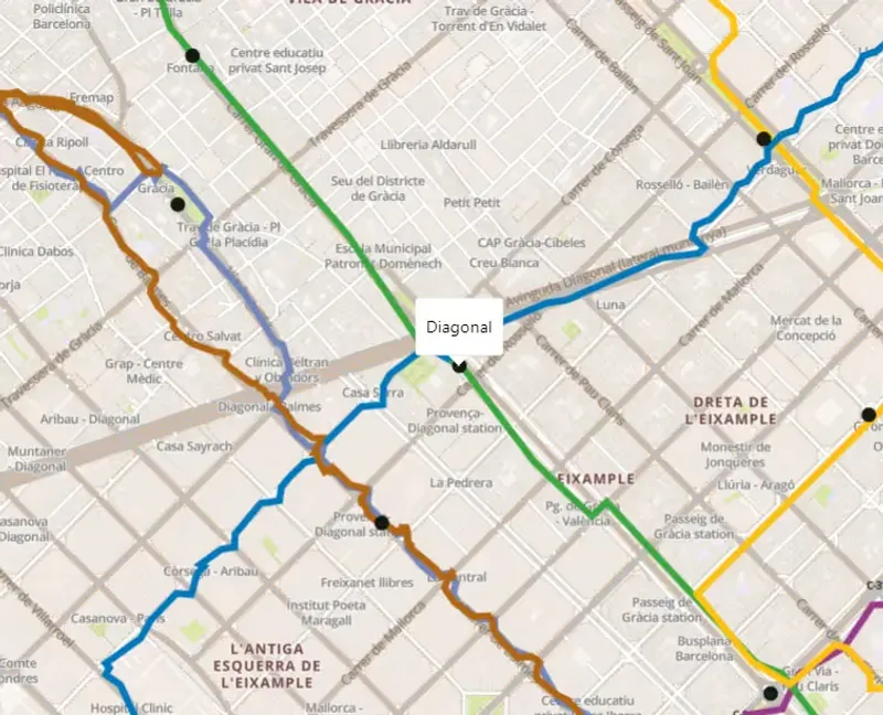 Map zoomed in showing a single line with stops and route detail