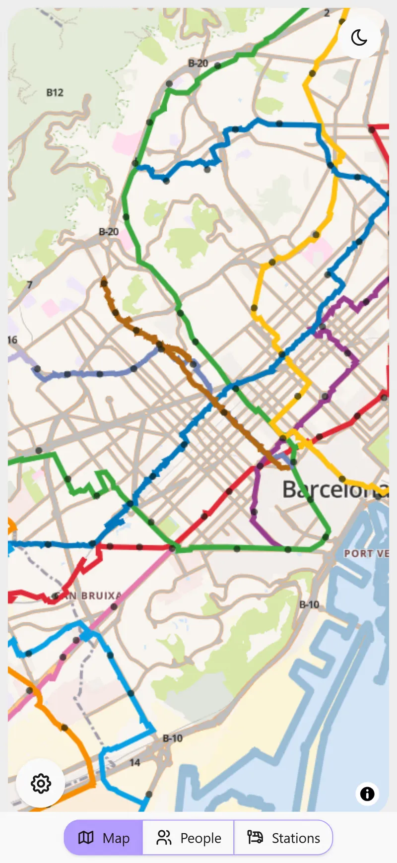 Map overview showing all walked metro lines across Barcelona