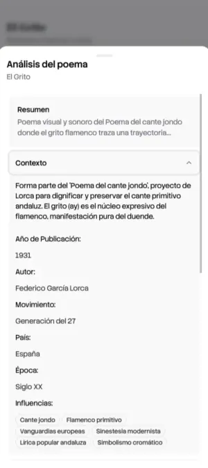 Desktop three-column layout showing poem with analysis panel