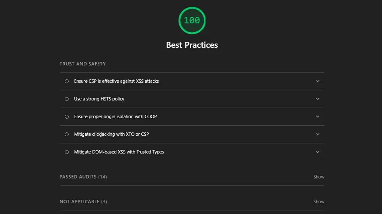 Best practices audit screenshot